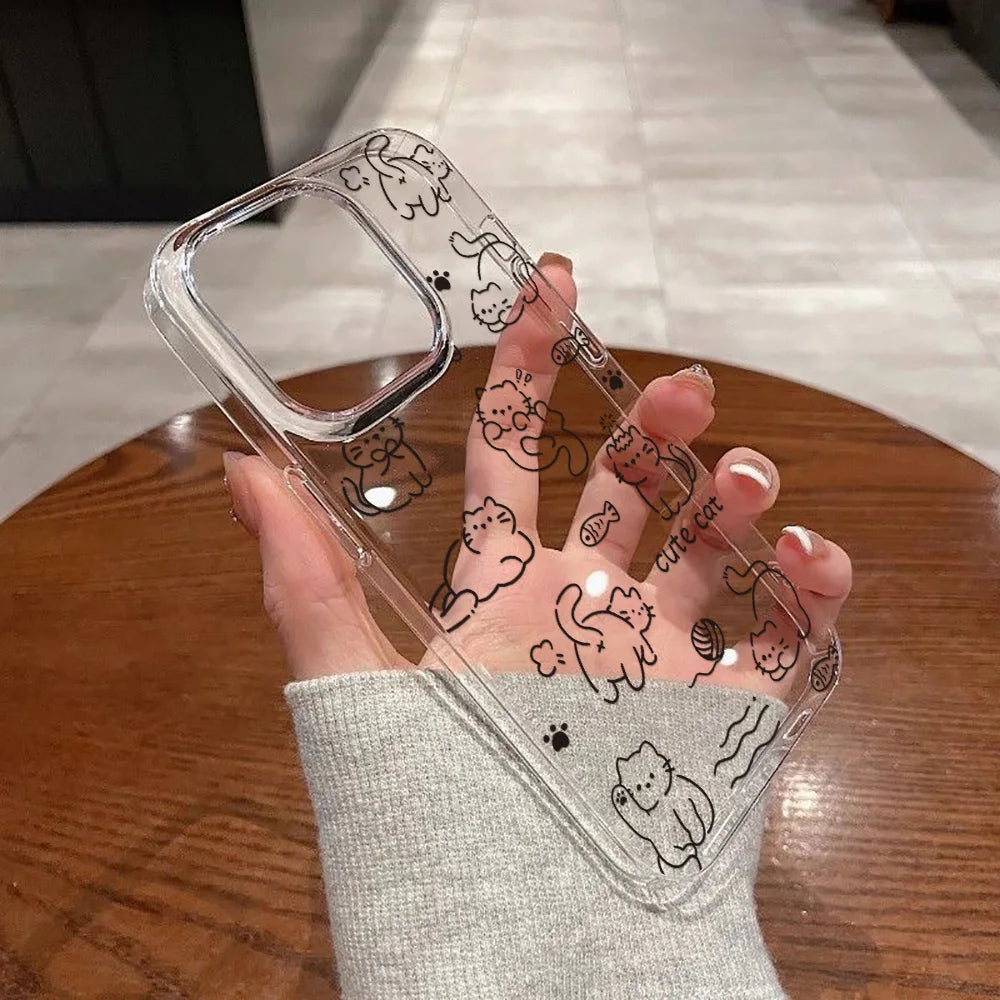 Cute Line Cat iPhone Case – Transparent Acrylic Shockproof Phone Cover