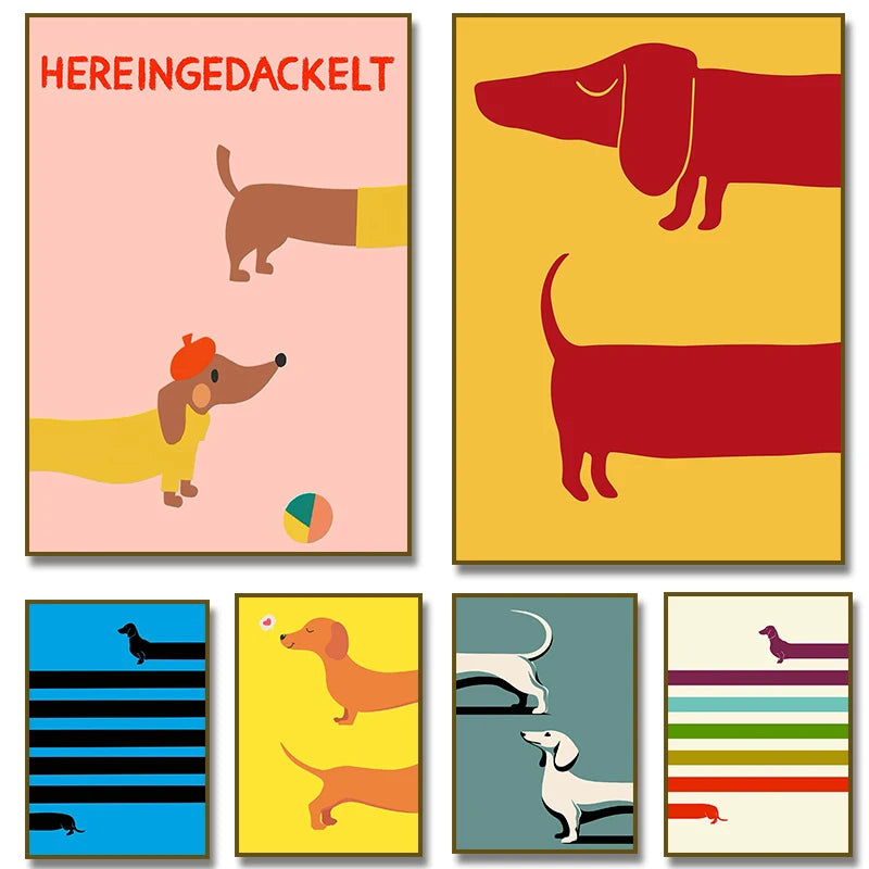 Cartoon Dachshund Dog Canvas Poster – Funny Animal Wall Art Print