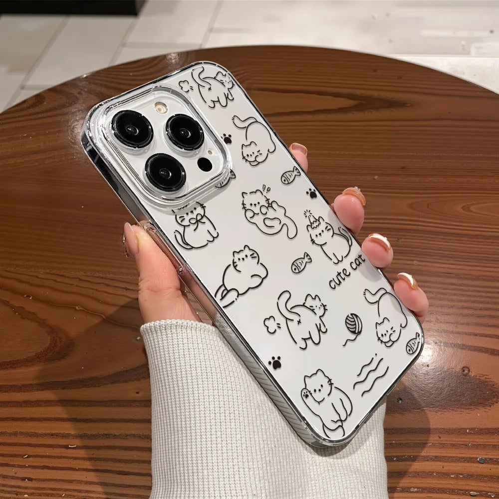 Cute Line Cat iPhone Case – Transparent Acrylic Shockproof Phone Cover