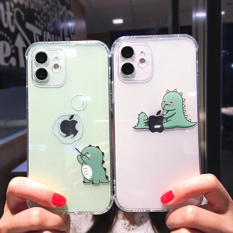 Cute Dinosaur Cartoon iPhone Case – Transparent Shockproof TPU Phone Cover