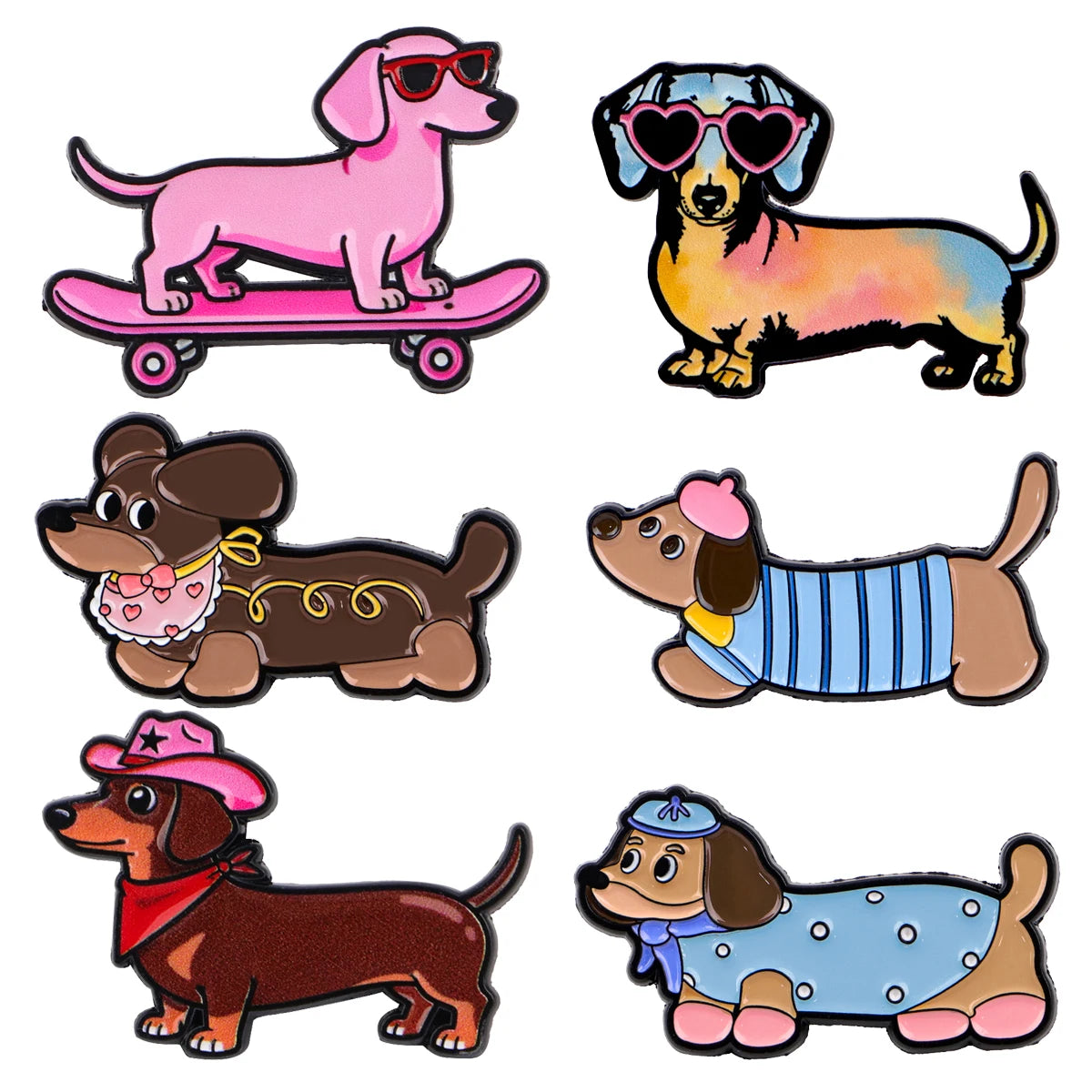Mix 6pcs/set Dachshund Series Enamel Pin Brooches – Lapel Pins for Men & Women, Backpack, Costume Accessories, Fashion Jewelry Gifts