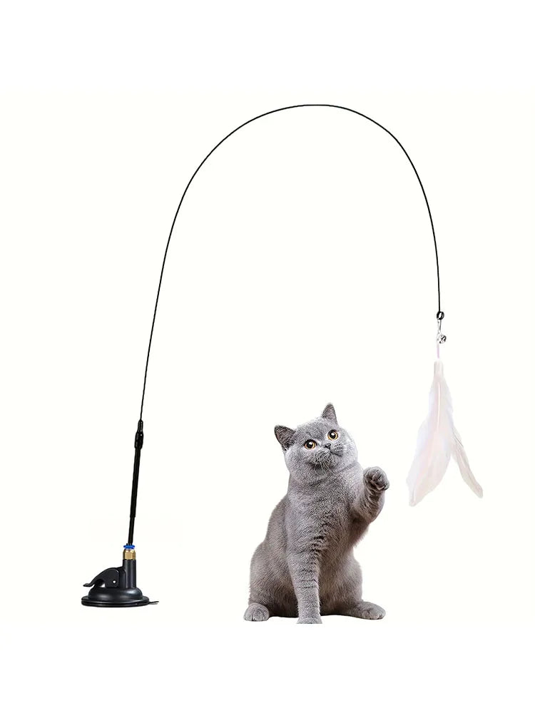 Interactive Cat Teaser Wand – Bell & Feather Toy with Suction Cup Pole