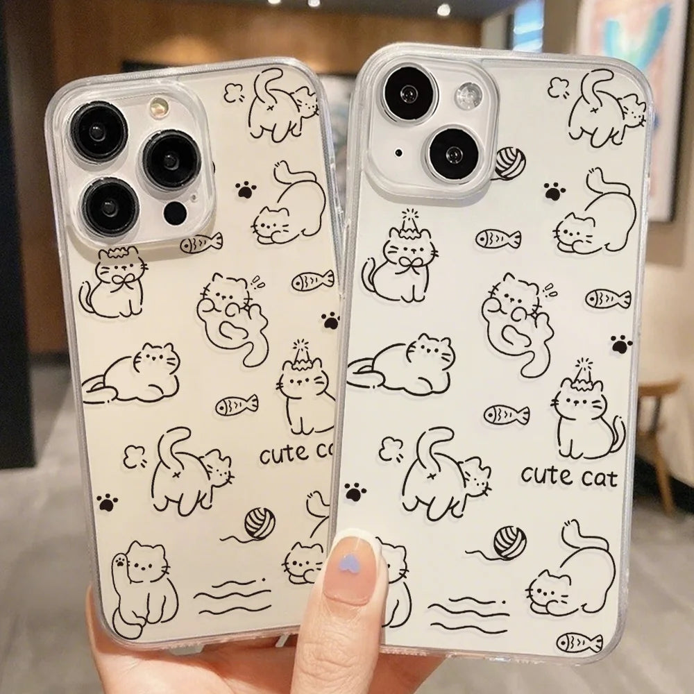 Cute Line Cat iPhone Case – Transparent Acrylic Shockproof Phone Cover