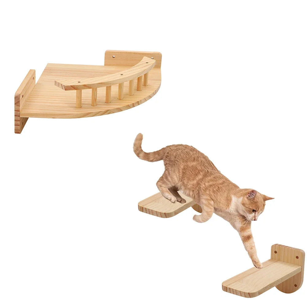 Wall-Mounted Wooden Cat Climbing Shelves with Hammock