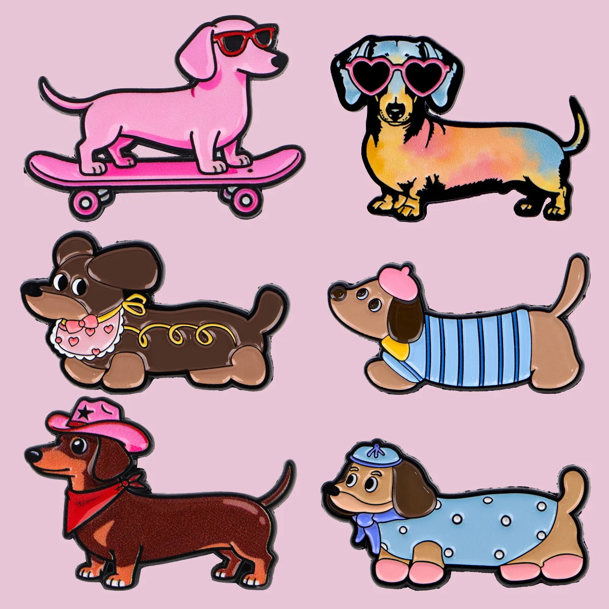 Mix 6pcs/set Dachshund Series Enamel Pin Brooches – Lapel Pins for Men & Women, Backpack, Costume Accessories, Fashion Jewelry Gifts