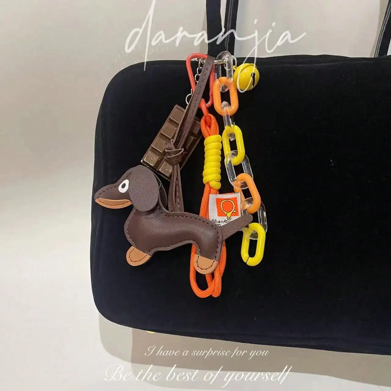 Cute Dachshund PU Leather Keychain with Bell
