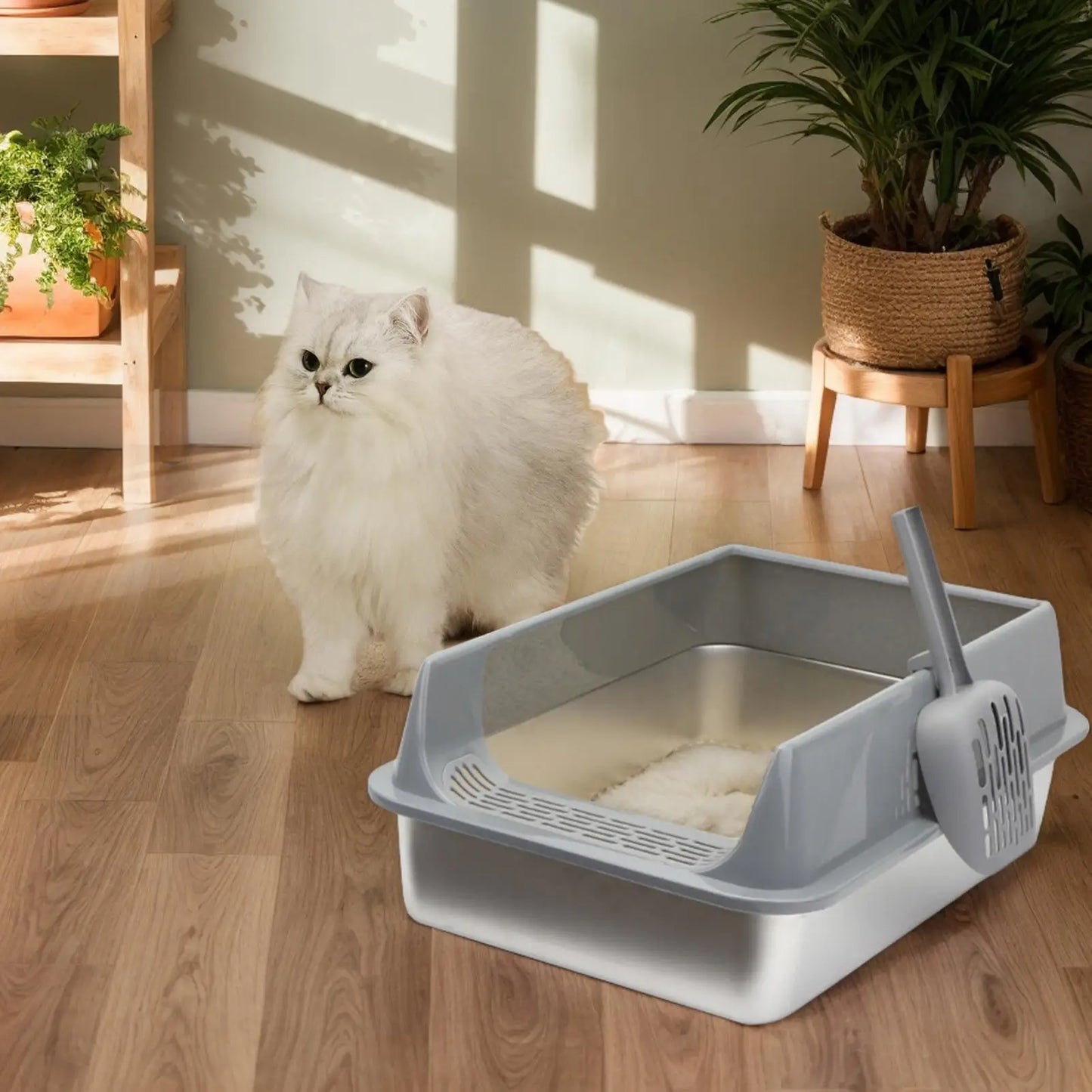 Stainless Steel Semi-Closed Cat Litter Box with Scoop – Large & Splashproof