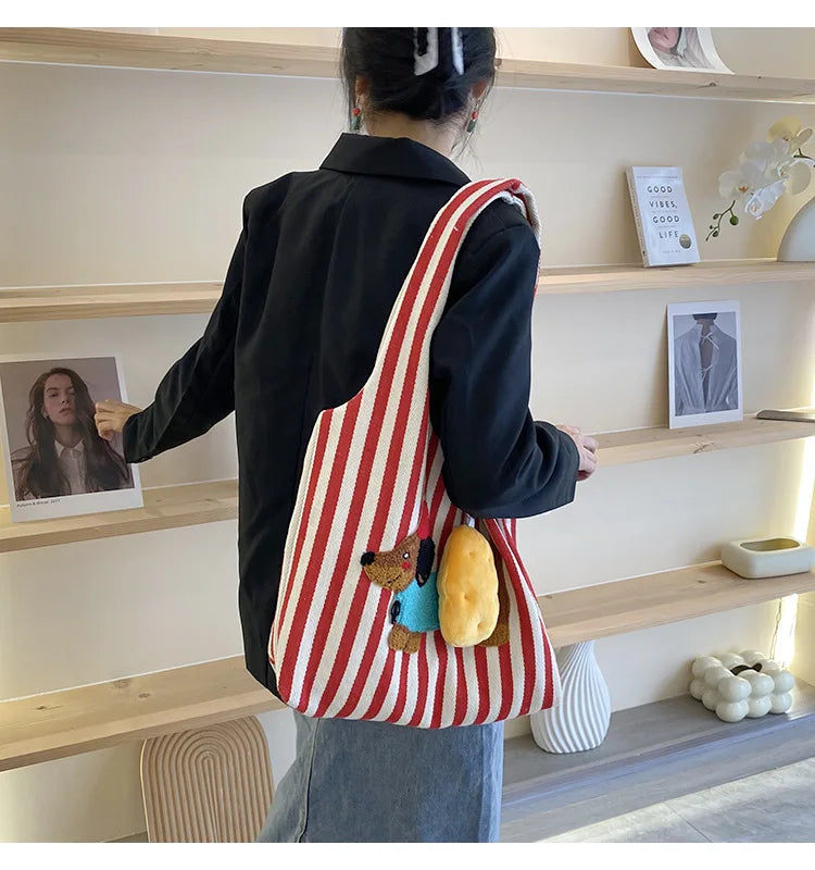 Cute Dog Embroidery Women’s Canvas Shoulder Tote Bag – Large Capacity
