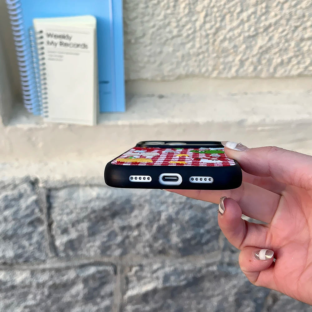 Cute Animal Embroidery Red Grid iPhone Case – Shockproof Full Coverage Cover