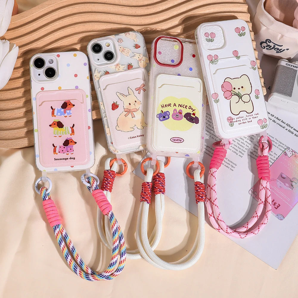 Cute Animal Wallet iPhone Case – Card Holder Silicone Phone Cover with Lanyard