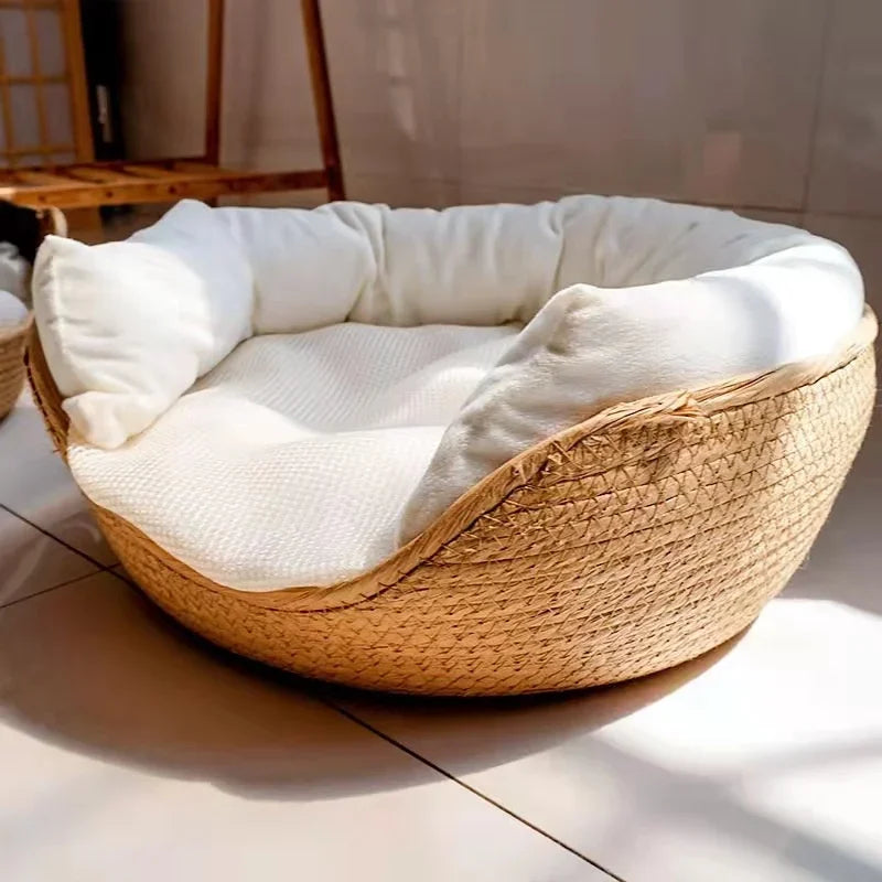 Handwoven Breathable Pet Bed with Soft Cushion