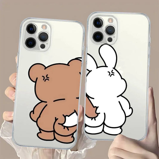 Cute Rabbit & Bear Couple iPhone Case – Transparent Cartoon Animal Phone Cover