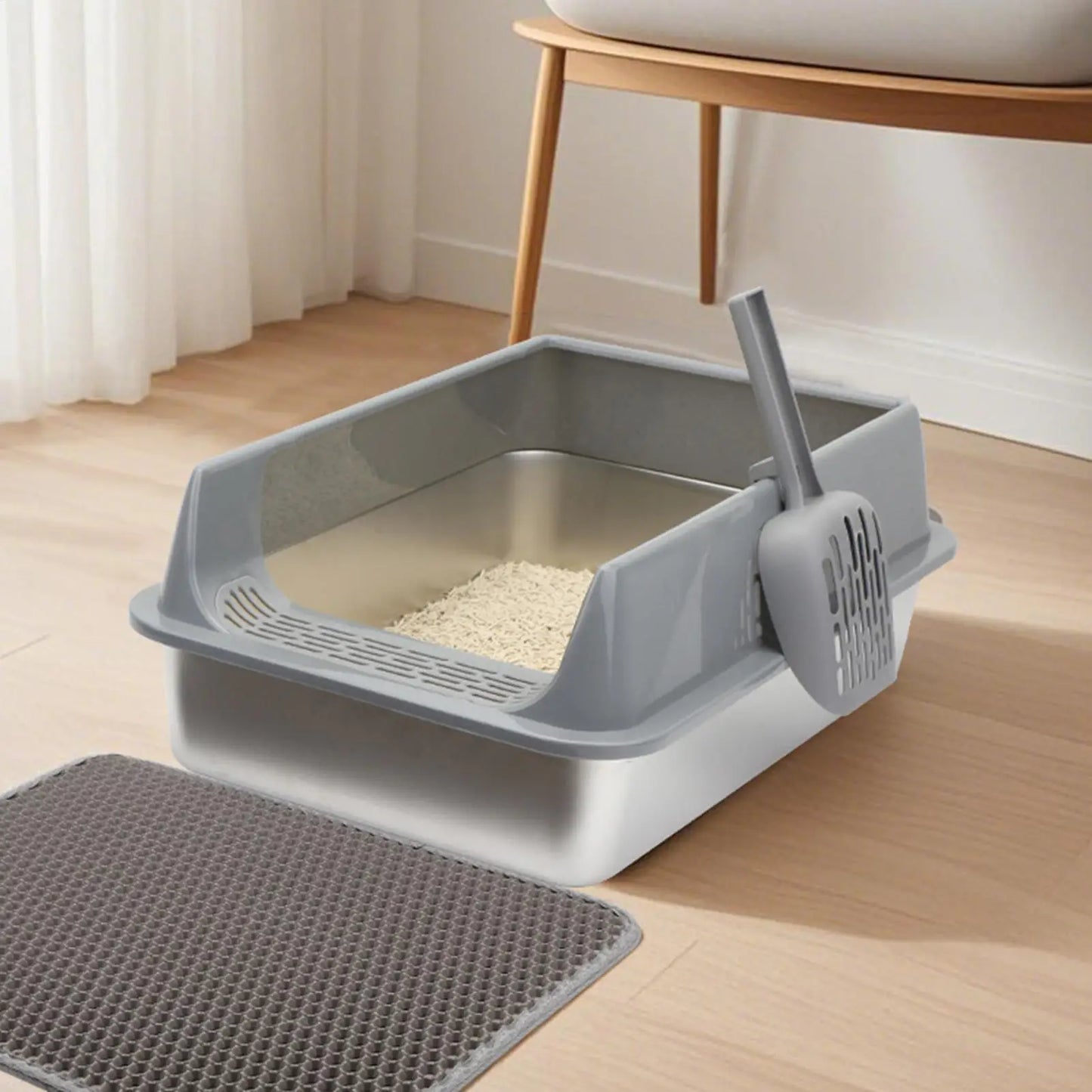 Stainless Steel Semi-Closed Cat Litter Box with Scoop – Large & Splashproof