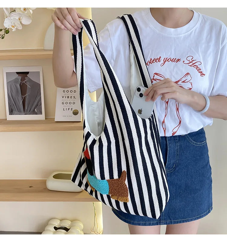 Cute Dog Embroidery Women’s Canvas Shoulder Tote Bag – Large Capacity