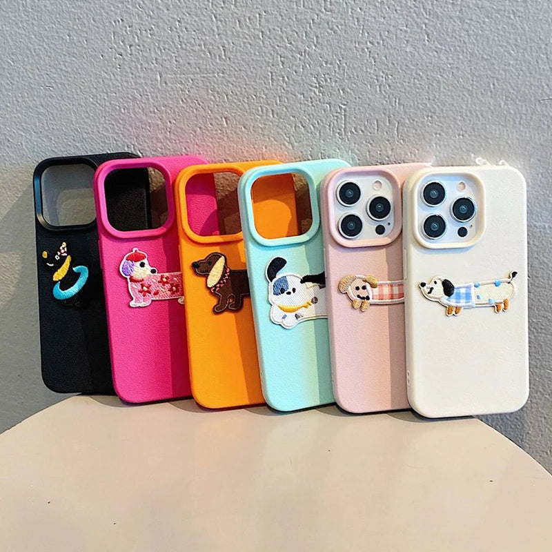 3D Embroidered Puppy iPhone Case – Cute Cartoon Dog Leather Pattern Cover