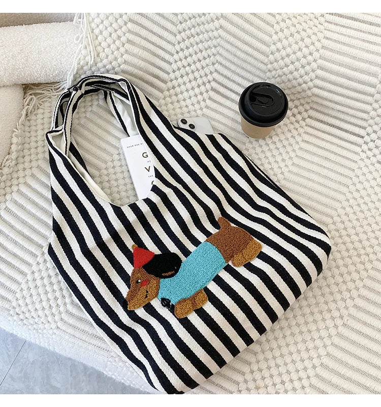Cute Dog Embroidery Women’s Canvas Shoulder Tote Bag – Large Capacity
