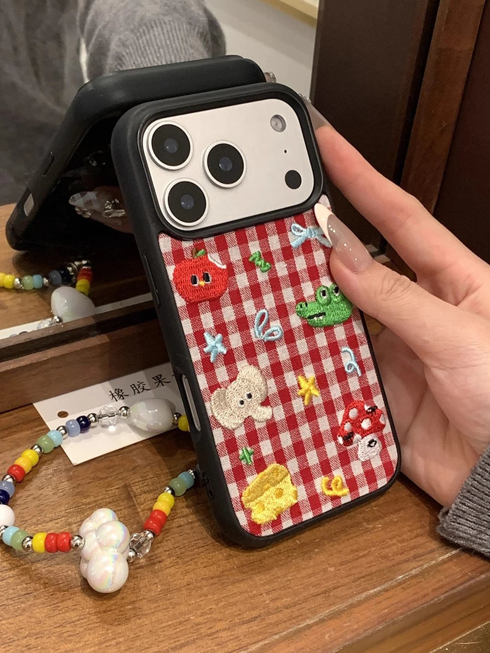 Cute Animal Embroidery Red Grid iPhone Case – Shockproof Full Coverage Cover