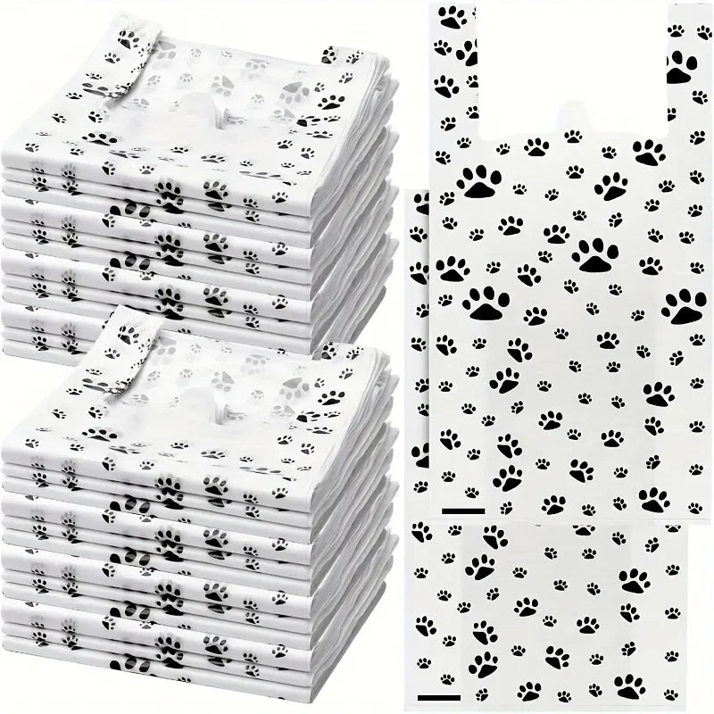Paw Print Disposable Plastic Bags with Handles – 30pcs