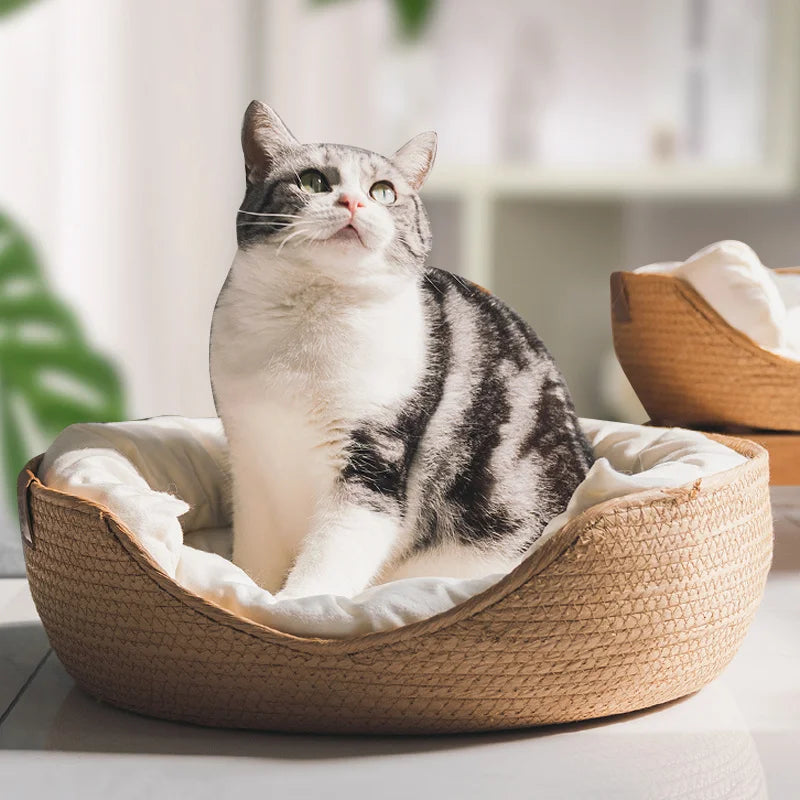 Handwoven Breathable Pet Bed with Soft Cushion