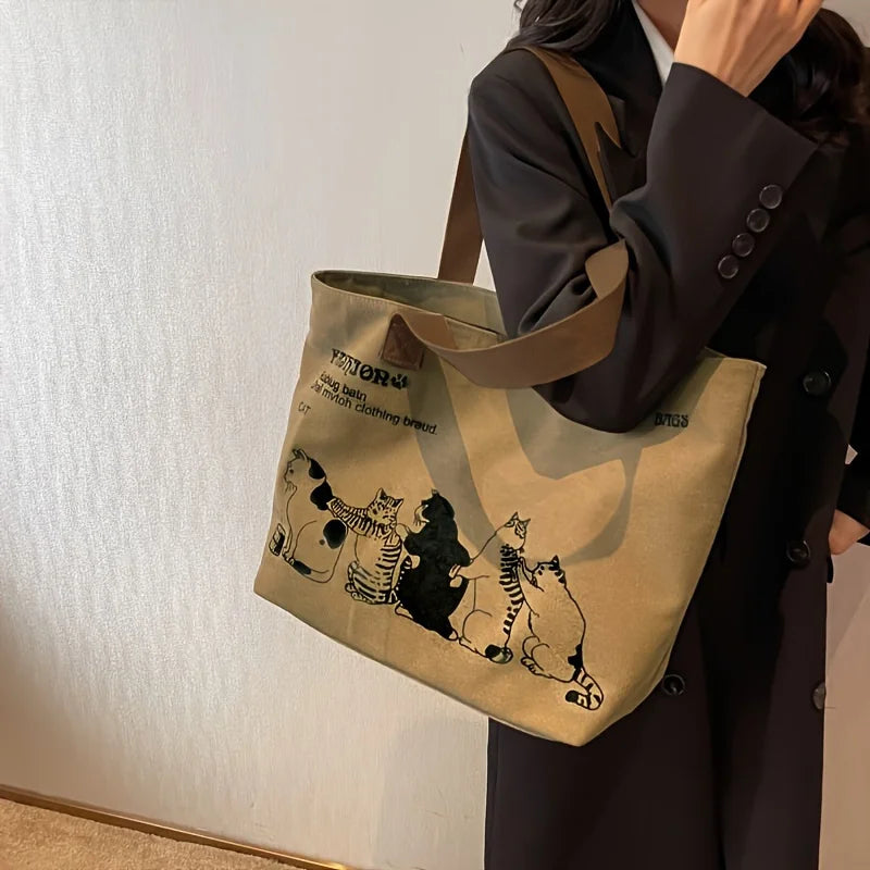 Women’s Canvas Tote Bag – Spacious Zipper Shoulder Bag with Animal Print