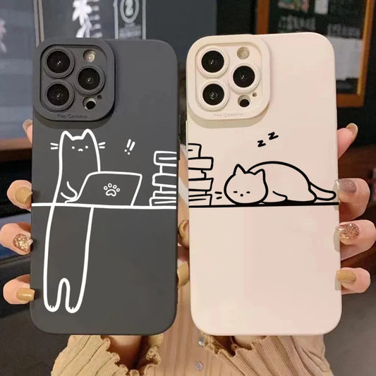 Funny Cat Couple iPhone Case – Cartoon Animal Shockproof Silicone Cover
