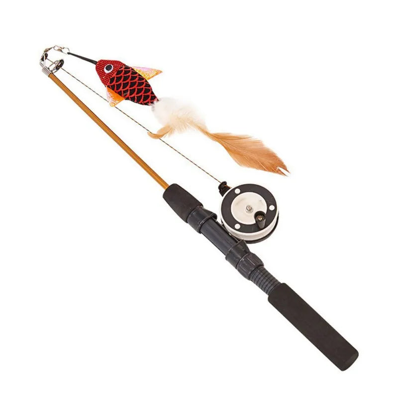 Retractable Fishing Rod Cat Teaser Toy with Feathers
