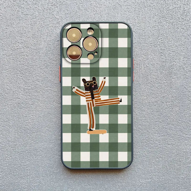 Green Plaid Animal iPhone Case – Cute Matte Shockproof Phone Cover