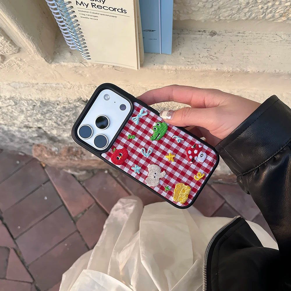 Cute Animal Embroidery Red Grid iPhone Case – Shockproof Full Coverage Cover