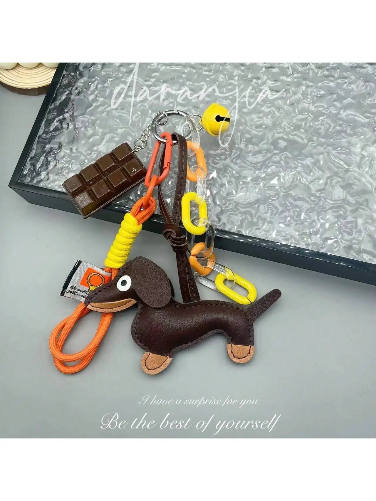 Cute Dachshund PU Leather Keychain with Bell