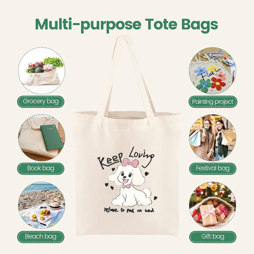 Cute Pet Dog Printed Canvas Tote Bag – Eco-Friendly Large Capacity Handbag for Shopping, Books, Laptop & Essentials
