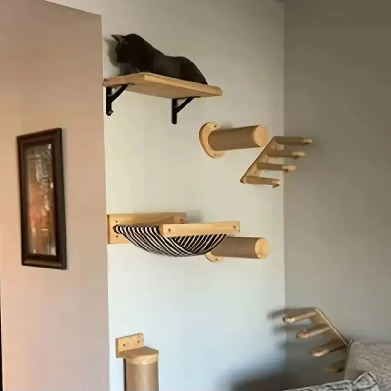 Wall-Mounted Wooden Cat Climbing Shelves with Hammock