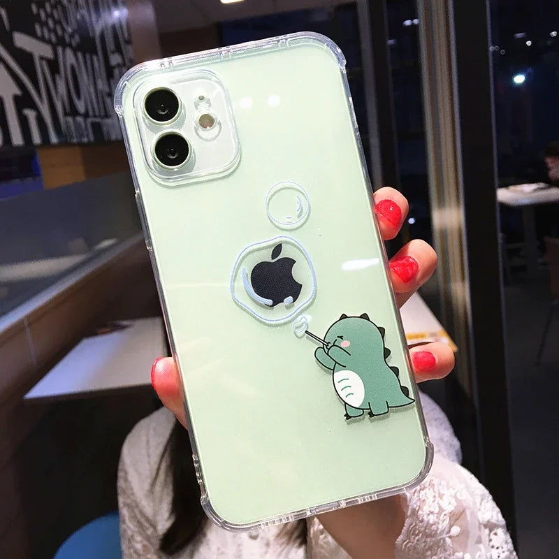 Cute Dinosaur Cartoon iPhone Case – Transparent Shockproof TPU Phone Cover