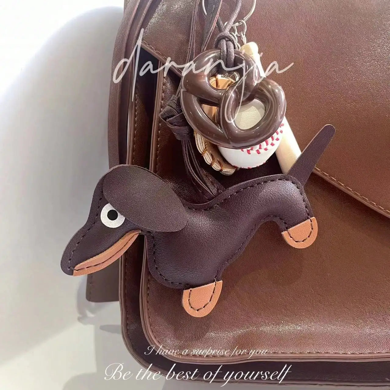 Cute Dachshund PU Leather Keychain with Bell