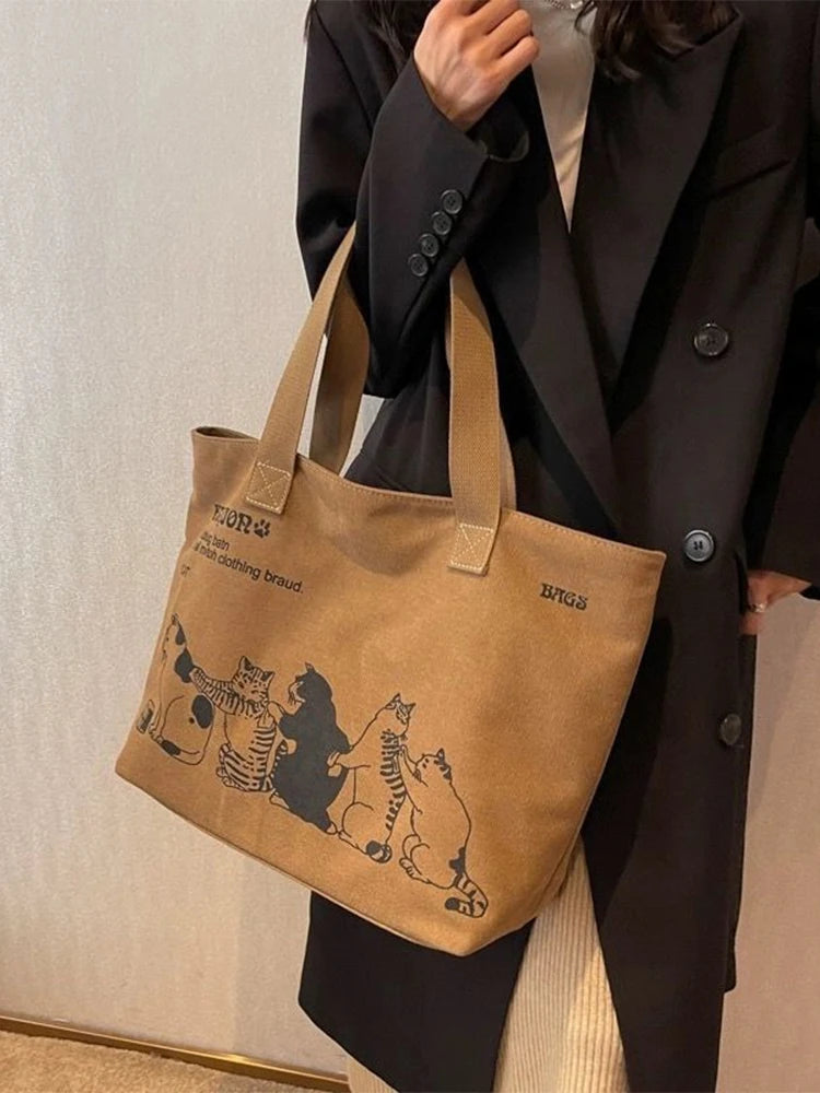 Women’s Canvas Tote Bag – Spacious Zipper Shoulder Bag with Animal Print