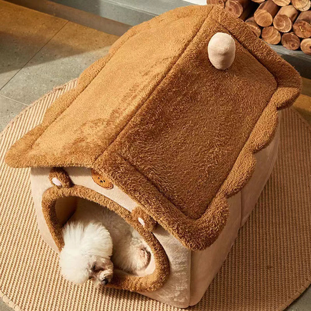 Warm Enclosed Teddy Bear Pet Bed – Cozy Cat & Dog Sleeping Bed