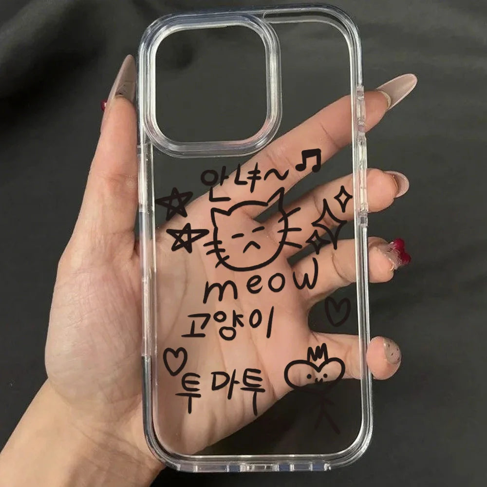 Cute Line Cat iPhone Case – Transparent Acrylic Shockproof Phone Cover
