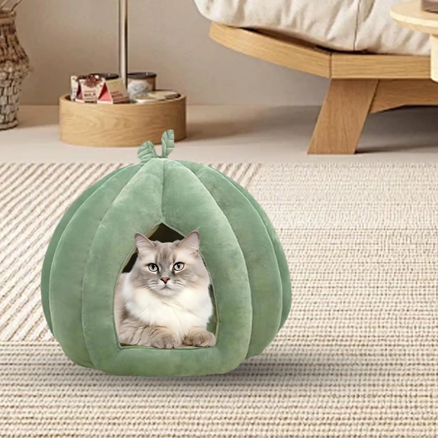 Pumpkin Cat Bed – Thickened Enclosed Plush Cat House for Winter