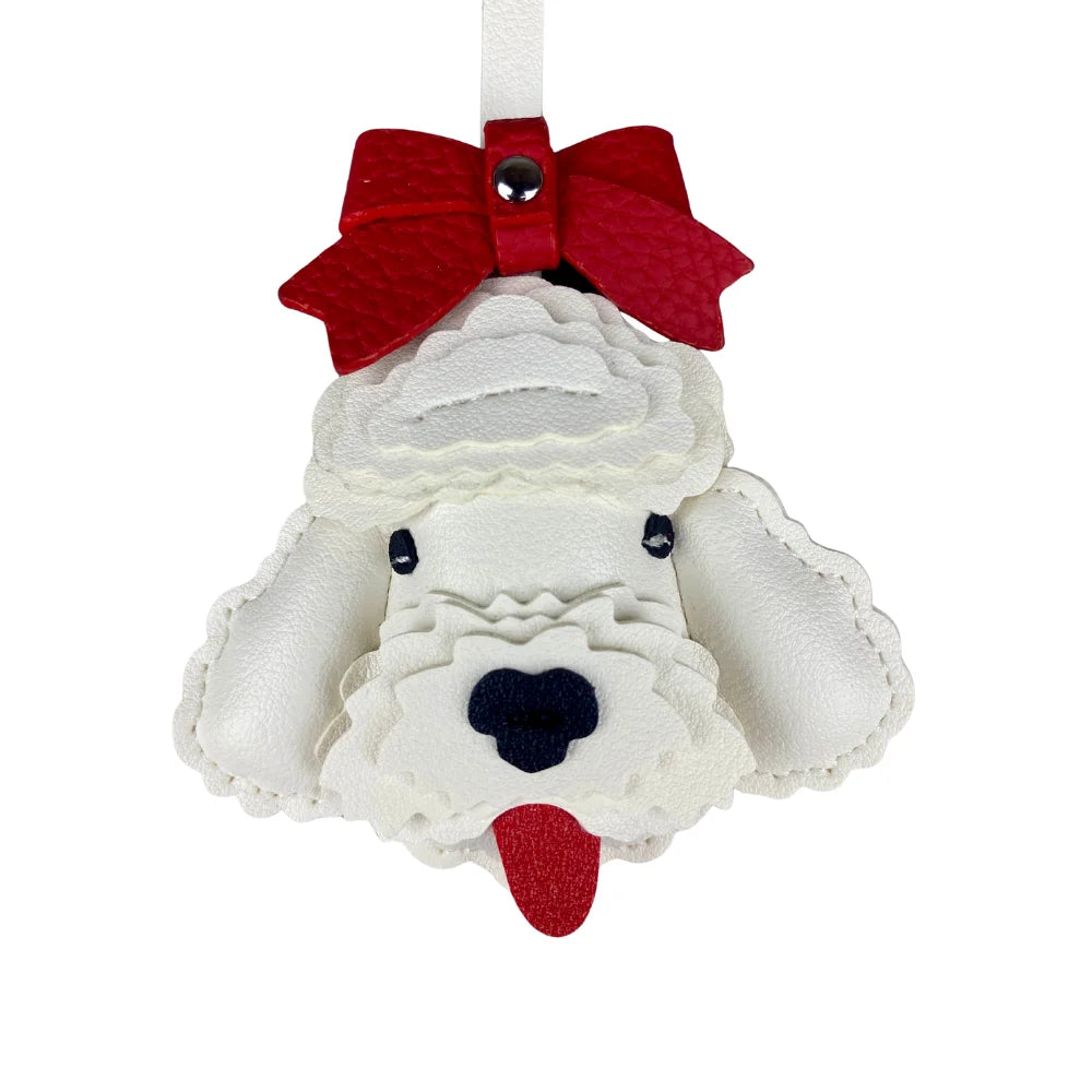 Handmade Leather Teddy Dog Bag Charm with Detachable Red Bow Tie – 3D Puppy Keychain for Bags