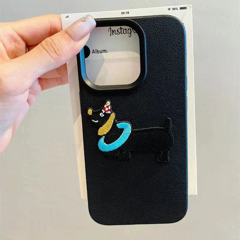 3D Embroidered Puppy iPhone Case – Cute Cartoon Dog Leather Pattern Cover