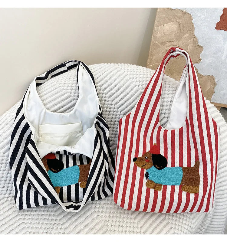 Cute Dog Embroidery Women’s Canvas Shoulder Tote Bag – Large Capacity