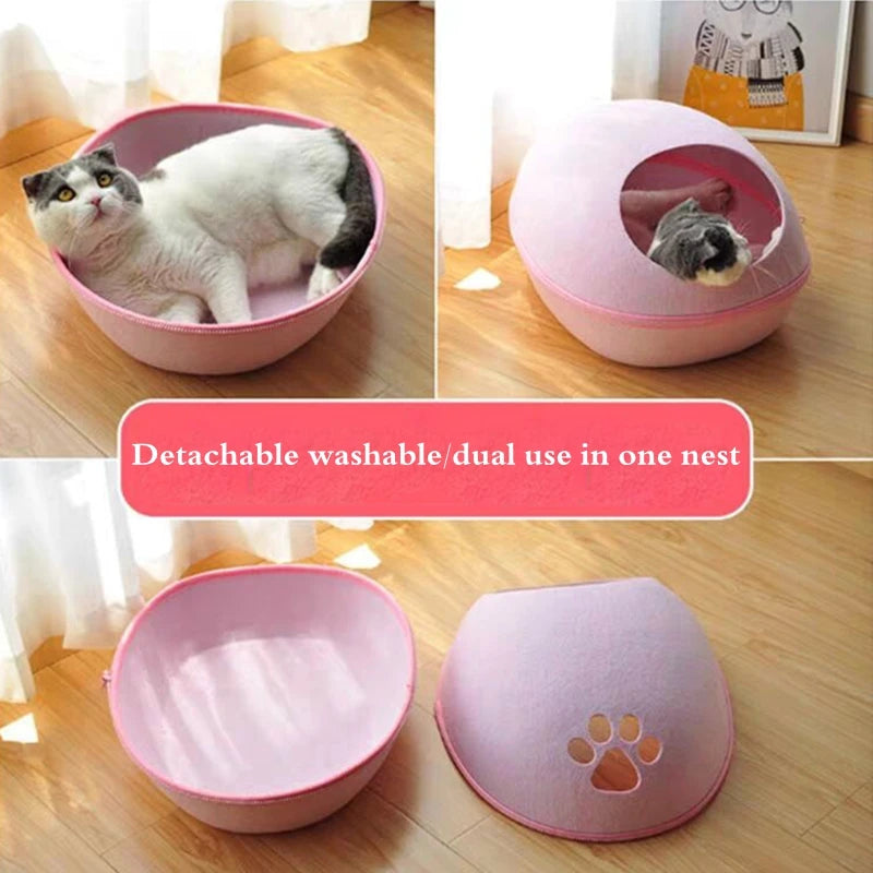 Breathable Felt Cat Cave Bed with Removable Cushion