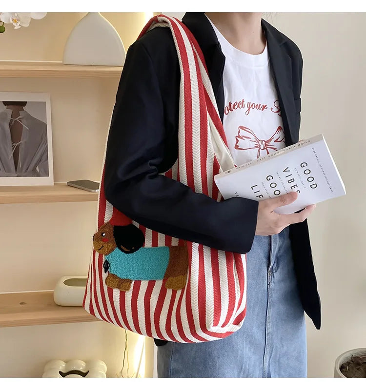 Cute Dog Embroidery Women’s Canvas Shoulder Tote Bag – Large Capacity