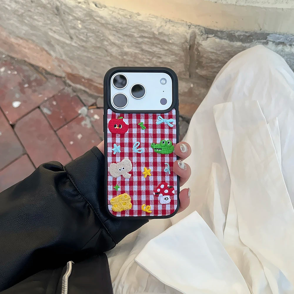 Cute Animal Embroidery Red Grid iPhone Case – Shockproof Full Coverage Cover