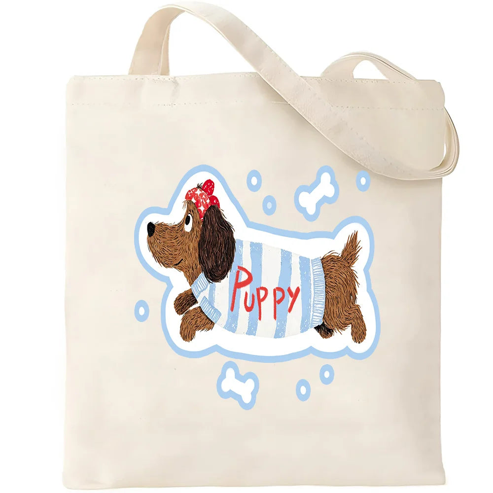 Cute Pet Dog Printed Canvas Tote Bag – Eco-Friendly Large Capacity Handbag for Shopping, Books, Laptop & Essentials