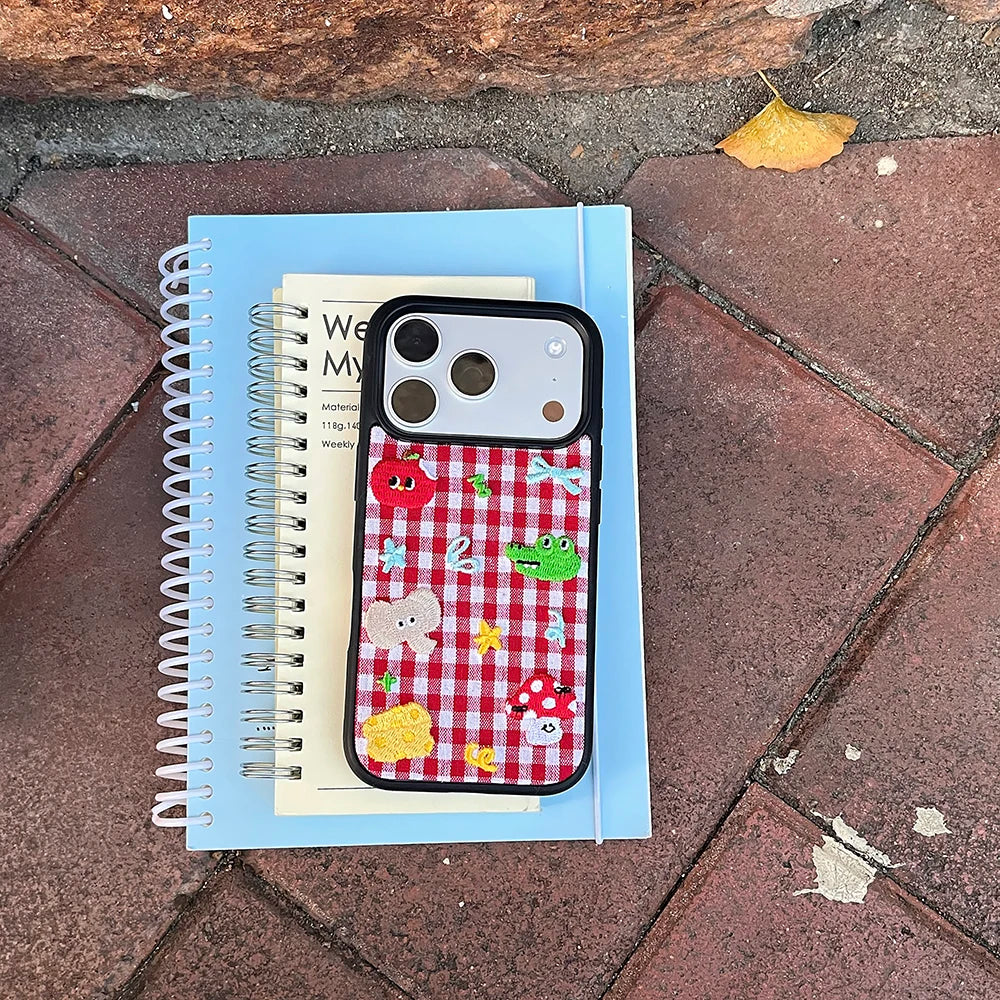 Cute Animal Embroidery Red Grid iPhone Case – Shockproof Full Coverage Cover