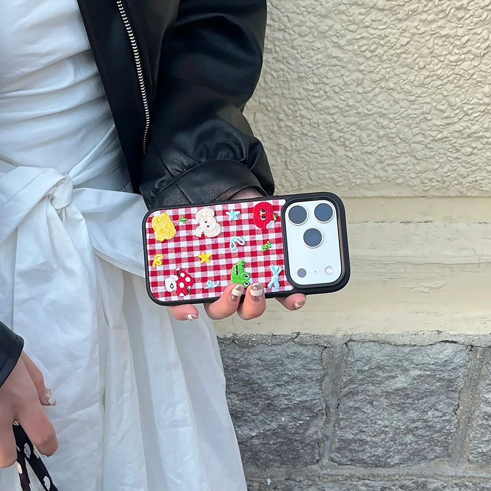 Cute Animal Embroidery Red Grid iPhone Case – Shockproof Full Coverage Cover