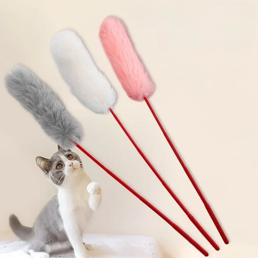 Interactive Cat Stick Toy – Faux Rabbit Fur Pompom Plush