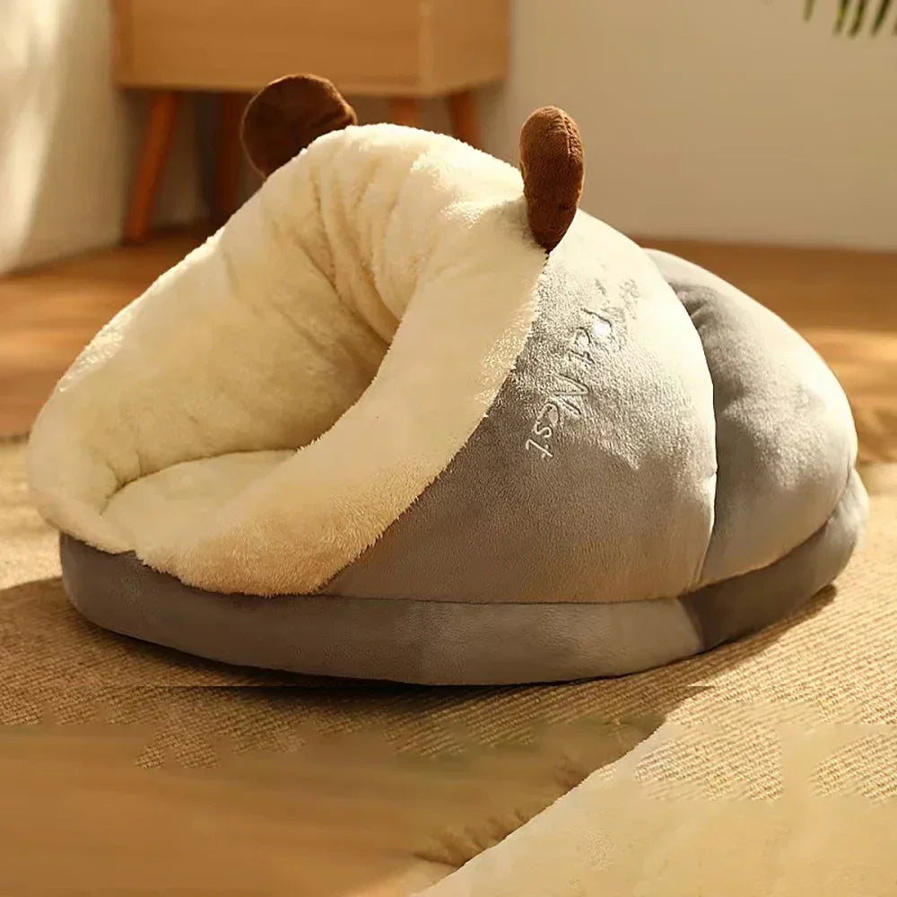 Soft Coral Fleece Cave Pet Bed for Cats & Small Dogs