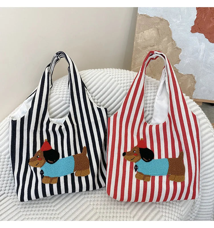 Cute Dog Embroidery Women’s Canvas Shoulder Tote Bag – Large Capacity