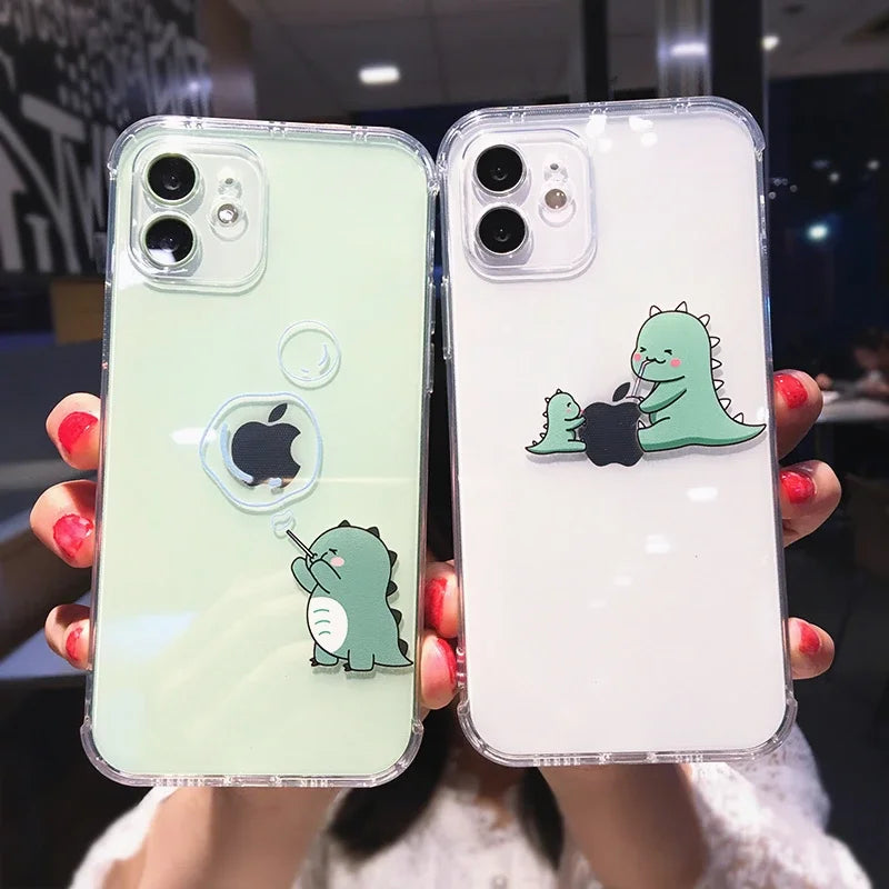 Cute Dinosaur Cartoon iPhone Case – Transparent Shockproof TPU Phone Cover